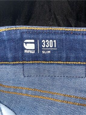 G-Star 3301 Slim Jeans in medium blue with gold stitching